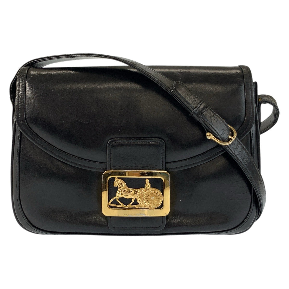 23366
CELINE セリーヌ 馬車金具 ブラック 黒 ゴールド金具 レザー ショルダーバッグ レディース AB50