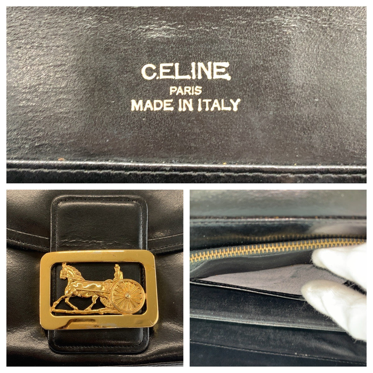 23366
CELINE セリーヌ 馬車金具 ブラック 黒 ゴールド金具 レザー ショルダーバッグ レディース AB50