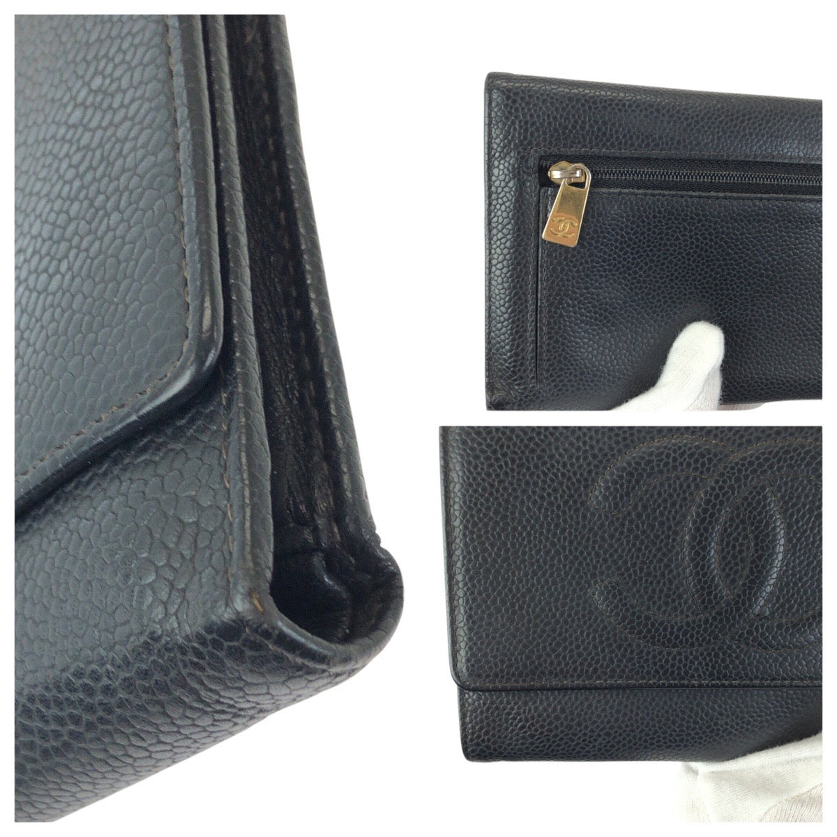 23370
CHANEL シャネル ヴィンテージ ココマーク ブラック 黒 ゴールド金具 キャビアスキン 折財布 コンパクトウォレット レディース AB35