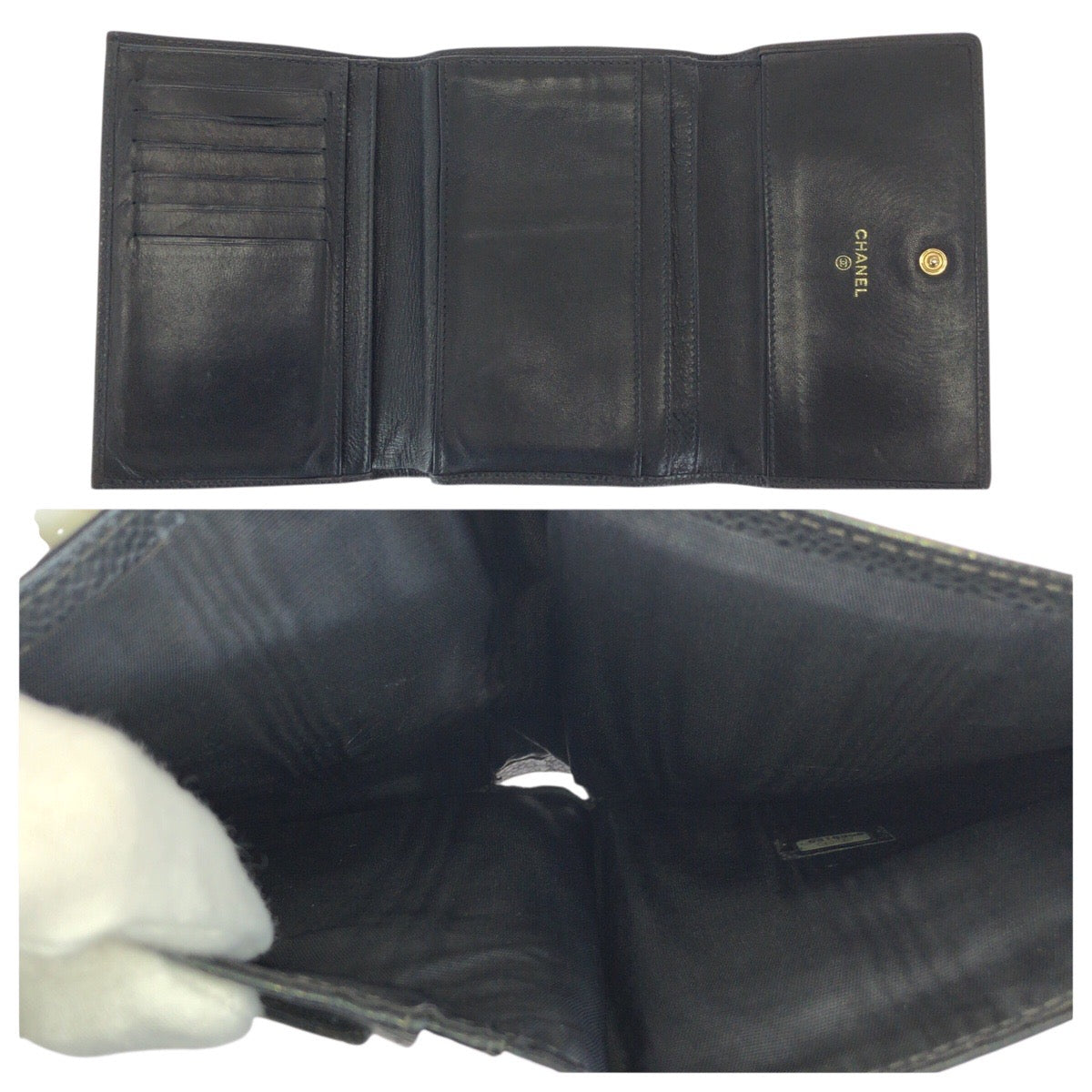 23370
CHANEL シャネル ヴィンテージ ココマーク ブラック 黒 ゴールド金具 キャビアスキン 折財布 コンパクトウォレット レディース AB35