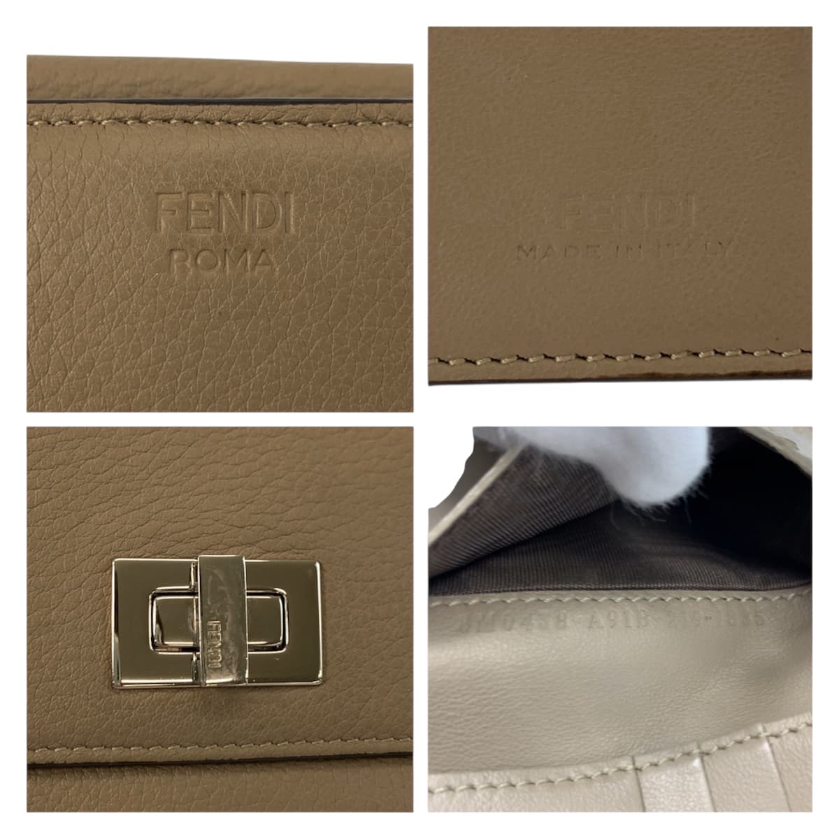 23374
FENDI フェンディ セレリア ピーカブー ベージュ シルバー金具 レザー 8M0438 折財布 コンパクトウォレット レディース ABP21