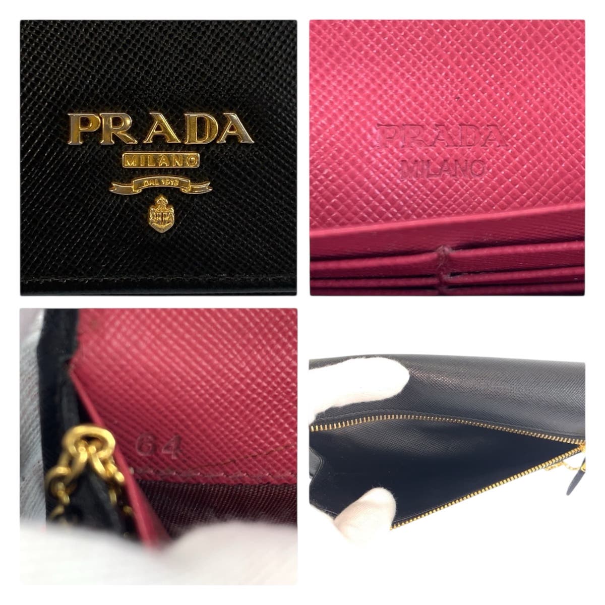 23385
PRADA プラダ サフィアーノ ブラック 黒 ピンク レザー 長財布 ロングウォレット レディース AB23