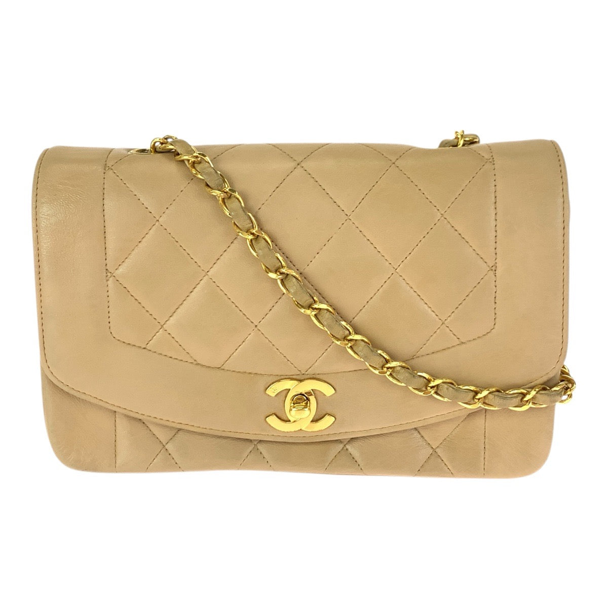 23386
CHANEL シャネル ヴィンテージ ダイアナ マトラッセ ベージュ ゴールド金具 ラムスキン チェーンショルダーバッグ レディース AB300