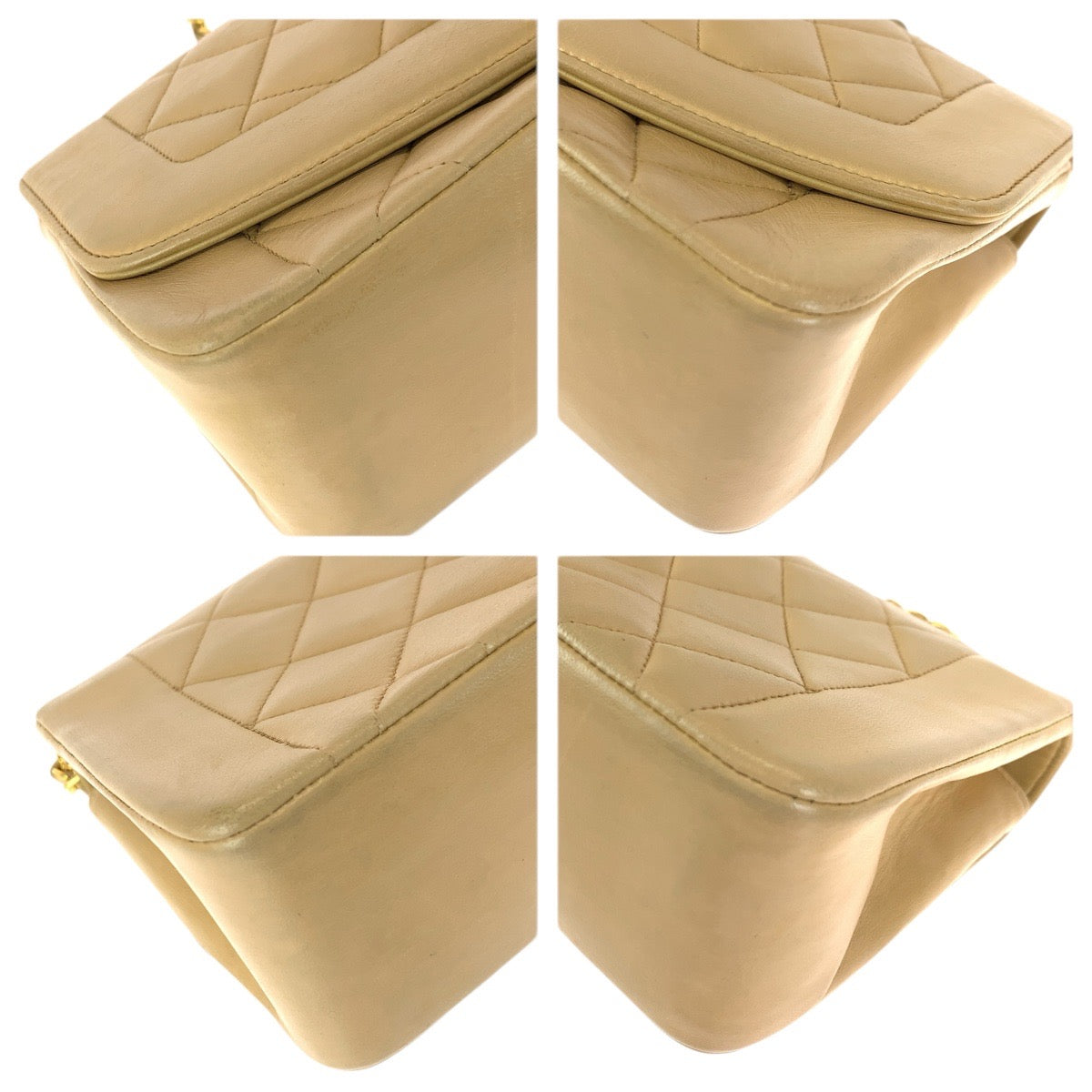 23386
CHANEL シャネル ヴィンテージ ダイアナ マトラッセ ベージュ ゴールド金具 ラムスキン チェーンショルダーバッグ レディース AB300