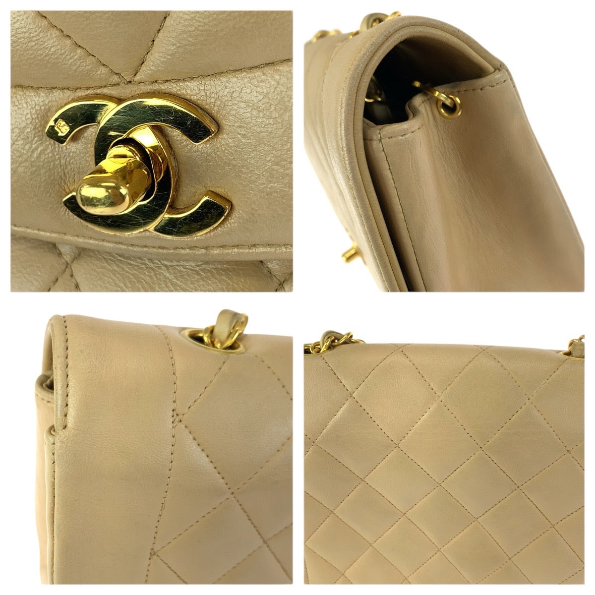 23386
CHANEL シャネル ヴィンテージ ダイアナ マトラッセ ベージュ ゴールド金具 ラムスキン チェーンショルダーバッグ レディース AB300