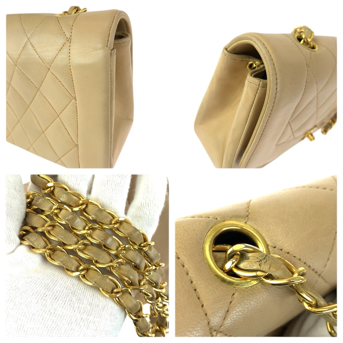 23386
CHANEL シャネル ヴィンテージ ダイアナ マトラッセ ベージュ ゴールド金具 ラムスキン チェーンショルダーバッグ レディース AB300