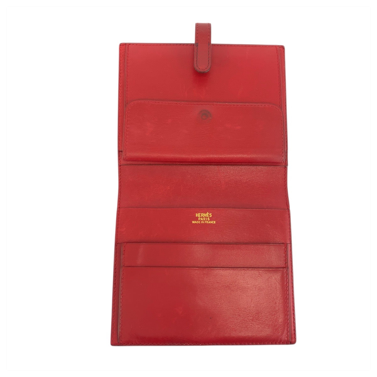 23397
HERMES エルメス ソミュール レッド ゴールド金具 レザー 折財布 コンパクトウォレット ◯X刻印 レディース AB42