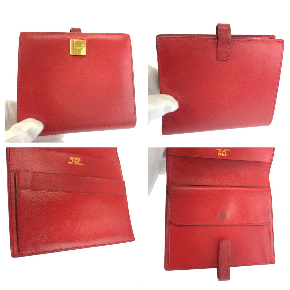 23397
HERMES エルメス ソミュール レッド ゴールド金具 レザー 折財布 コンパクトウォレット ◯X刻印 レディース AB42