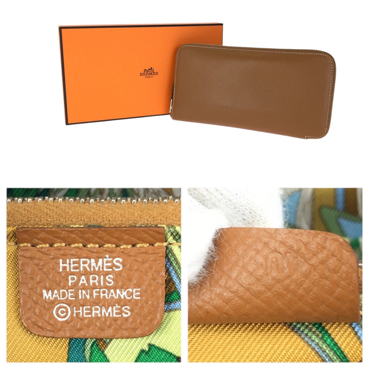 23401
HERMES エルメス アザップロング シルクイン ゴールド ブラウン シルバー金具 ヴォーエプソン 長財布 ラウンドファスナー Y刻印 レディース ABP74