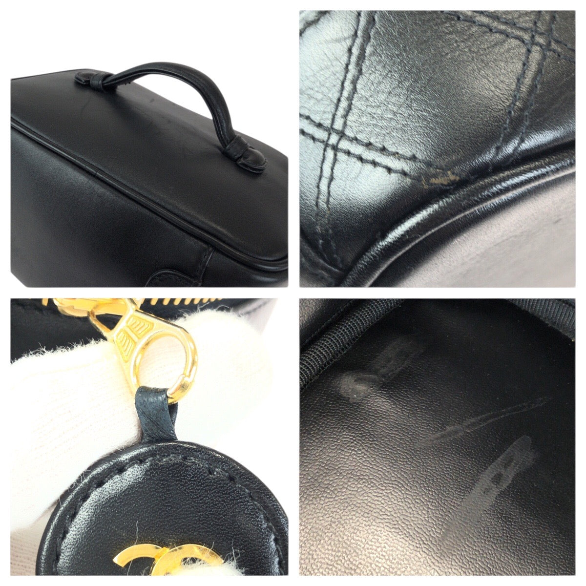 23406
CHANEL シャネル ヴィンテージ ビコローレ ココマーク ブラック 黒 ゴールド金具 ラムスキン ハンドバッグ バニティバッグ 化粧ポーチ レディース ABP74