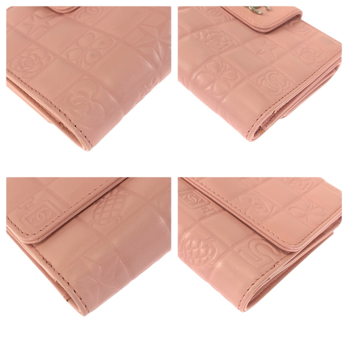 23407
CHANEL シャネル ヴィンテージ アイコン チョコバー ココマーク ピンク シルバー金具 ラムスキン 折財布 コンパクトウォレット レディース A74