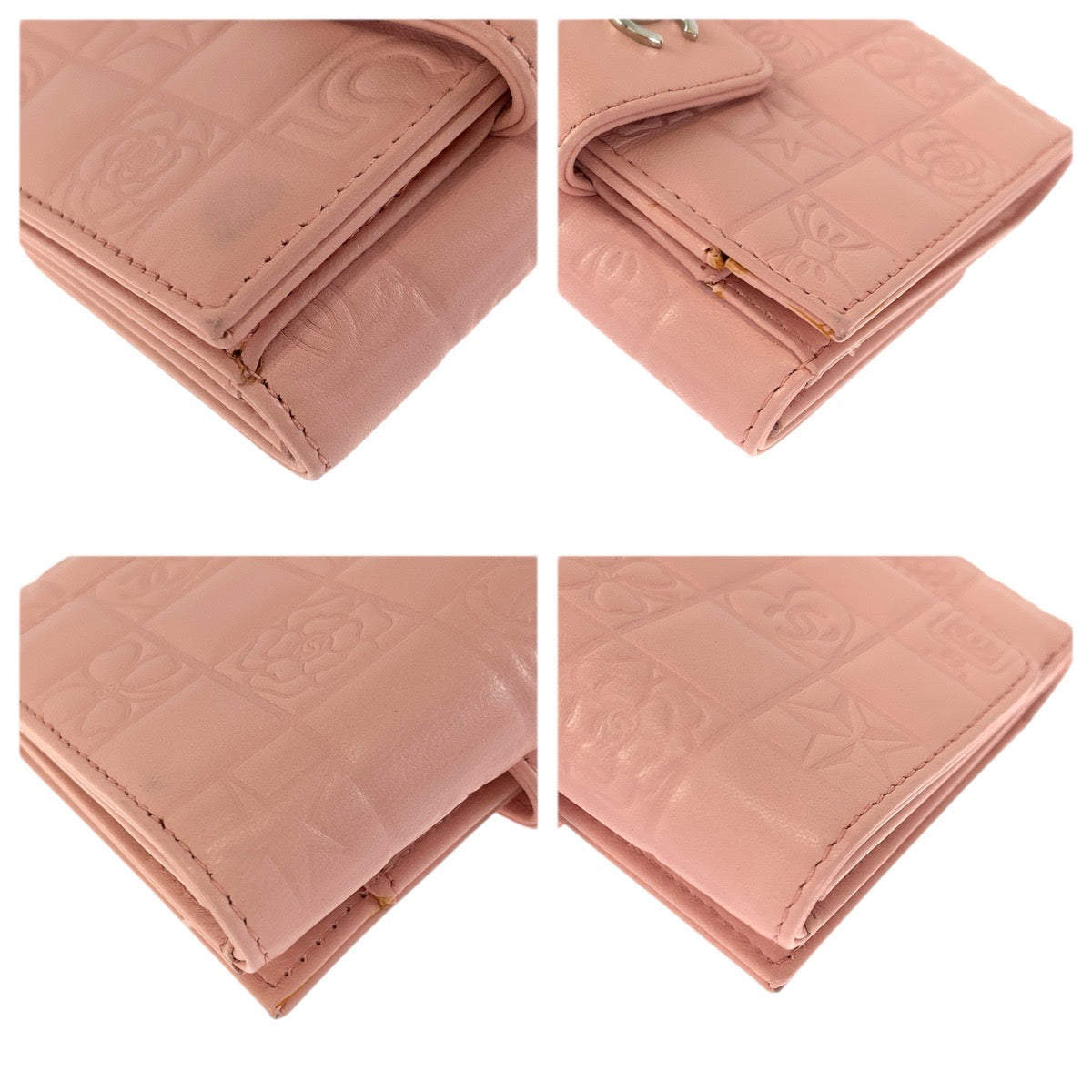 23407
CHANEL シャネル ヴィンテージ アイコン チョコバー ココマーク ピンク シルバー金具 ラムスキン 折財布 コンパクトウォレット レディース A74