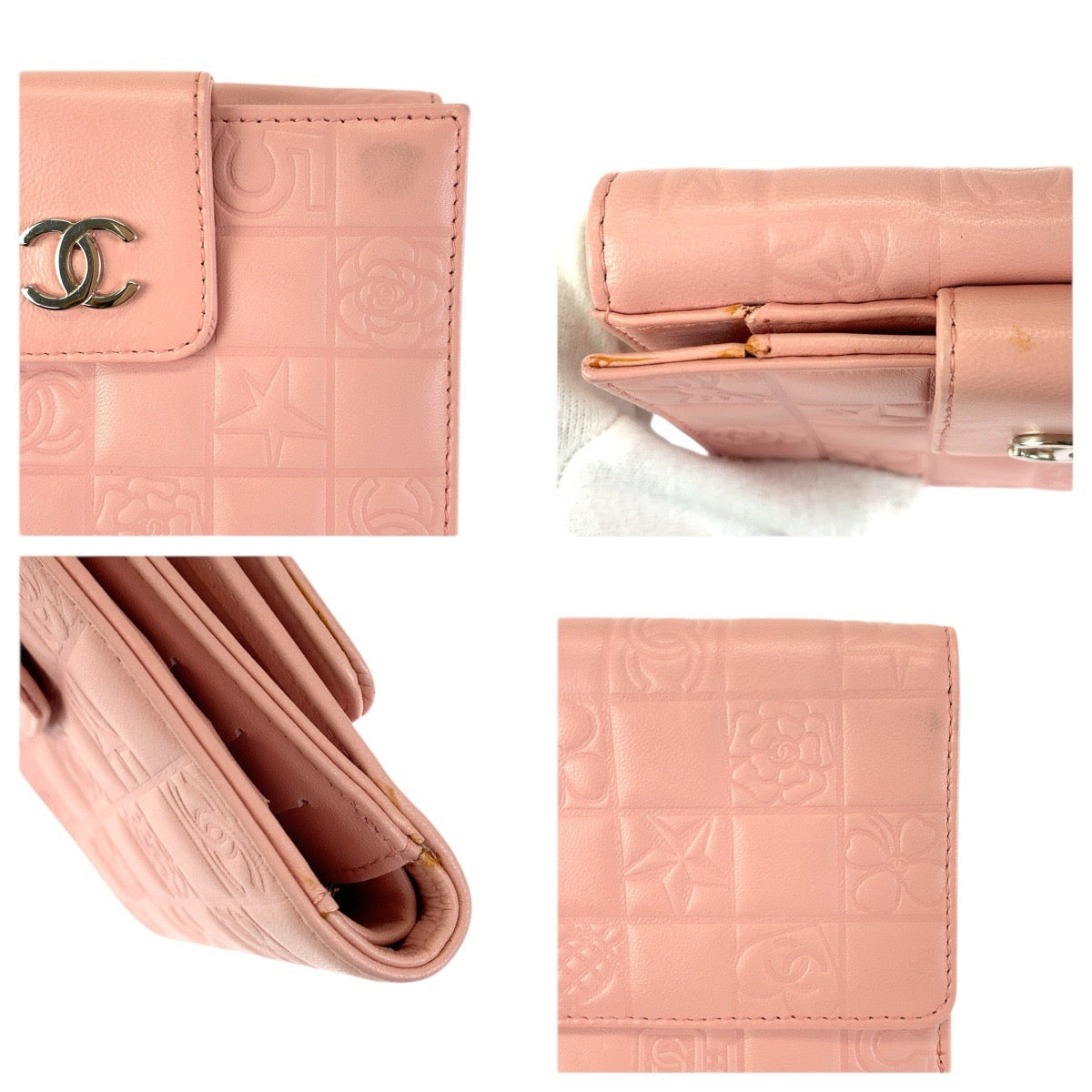 23407
CHANEL シャネル ヴィンテージ アイコン チョコバー ココマーク ピンク シルバー金具 ラムスキン 折財布 コンパクトウォレット レディース A74