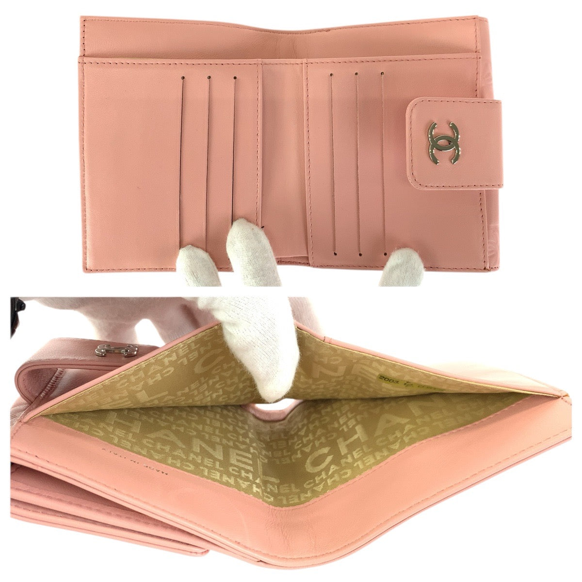 23407
CHANEL シャネル ヴィンテージ アイコン チョコバー ココマーク ピンク シルバー金具 ラムスキン 折財布 コンパクトウォレット レディース A74