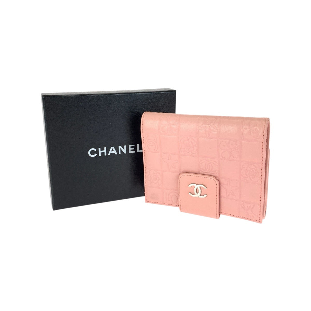23407
CHANEL シャネル ヴィンテージ アイコン チョコバー ココマーク ピンク シルバー金具 ラムスキン 折財布 コンパクトウォレット レディース A74
