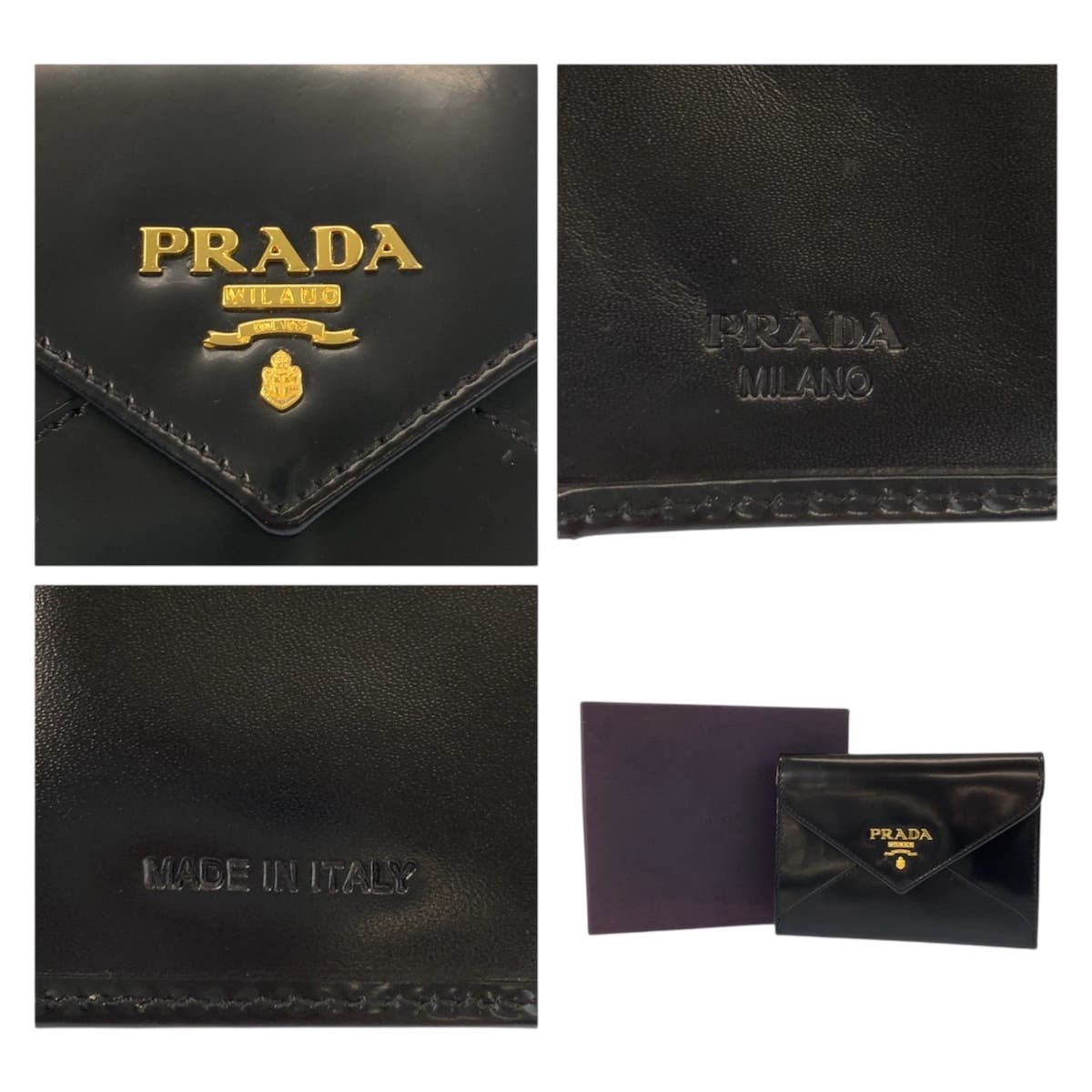 23430
PRADA プラダ ブラック 黒 ゴールド金具 パテントレザー 折財布 コンパクトウォレット レディース ABP35