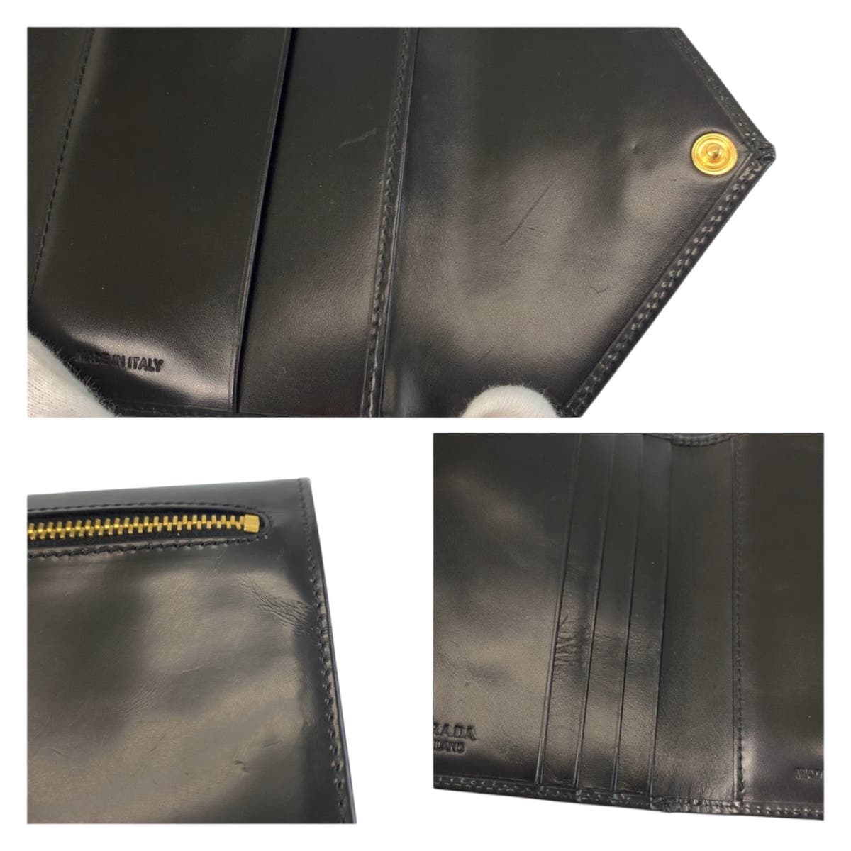 23430
PRADA プラダ ブラック 黒 ゴールド金具 パテントレザー 折財布 コンパクトウォレット レディース ABP35