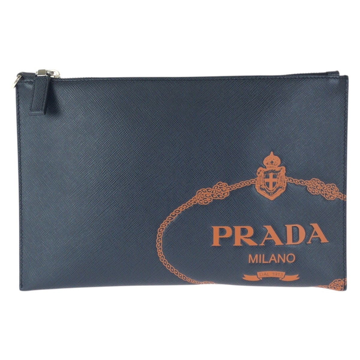 23435
PRADA プラダ サフィアーノ ネイビー オレンジ シルバー金具 レザー クラッチバッグ セカンドバッグ 男女兼用 メンズ A50