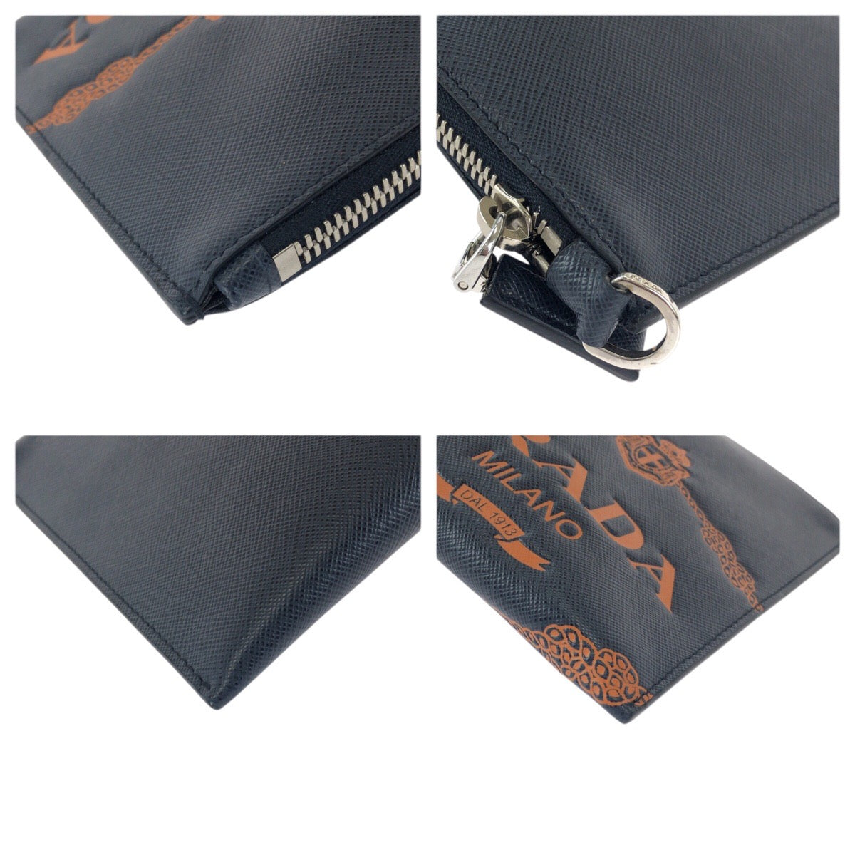 23435
PRADA プラダ サフィアーノ ネイビー オレンジ シルバー金具 レザー クラッチバッグ セカンドバッグ 男女兼用 メンズ A50