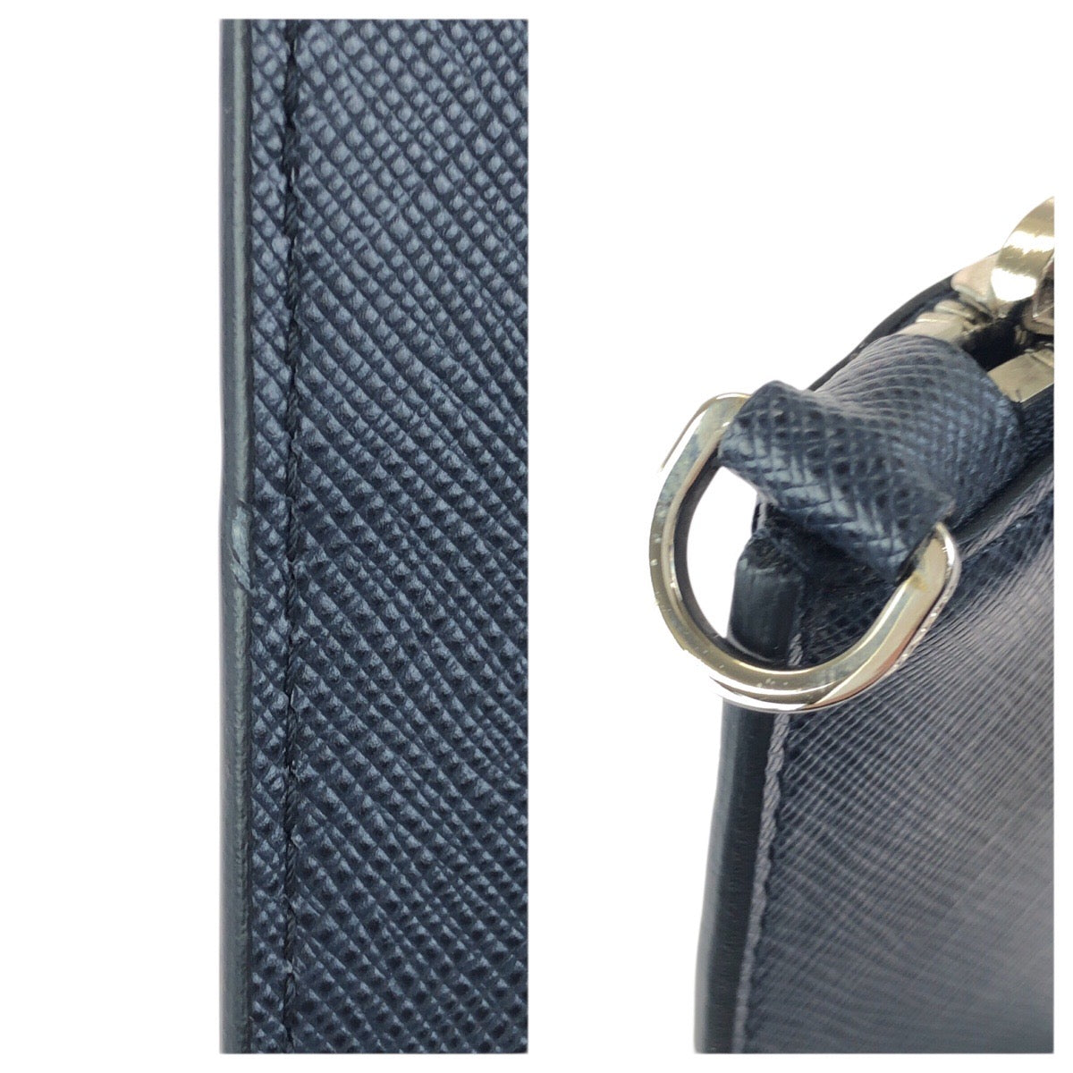 23435
PRADA プラダ サフィアーノ ネイビー オレンジ シルバー金具 レザー クラッチバッグ セカンドバッグ 男女兼用 メンズ A50