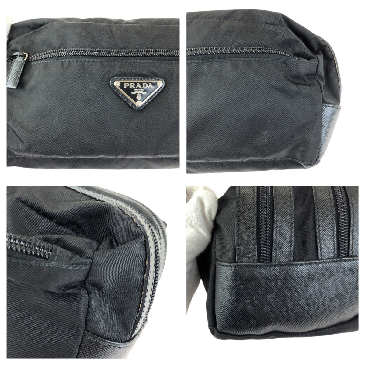 23467
PRADA プラダ テスート サフィアーノ 三角ロゴプレート ブラック 黒 シルバー金具 ナイロン / レザー クラッチバッグ セカンドバッグ 男女兼用 レディース AB23