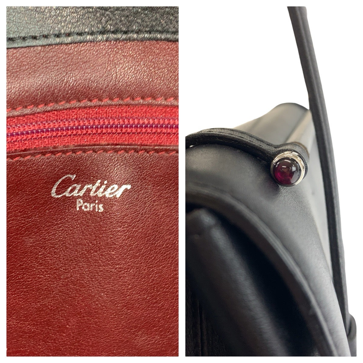 23472
CARTIER カルティエ カボション ブラック 黒 ワインレッド シルバー金具 レザー ハンドバッグ レディース ABP44