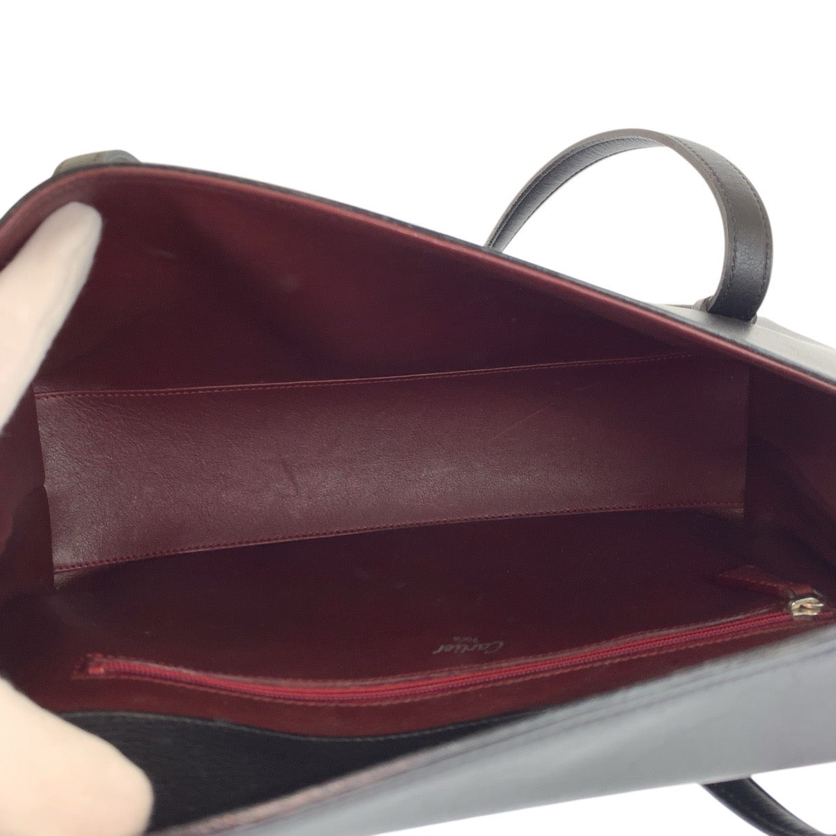 23472
CARTIER カルティエ カボション ブラック 黒 ワインレッド シルバー金具 レザー ハンドバッグ レディース ABP44