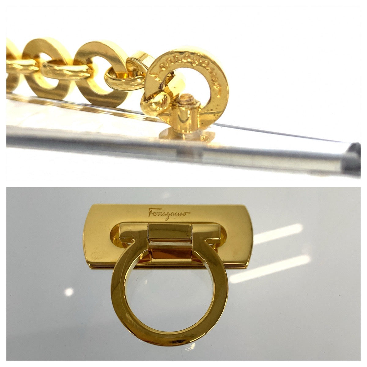 23474
Salvatore Ferragamo サルヴァトーレフェラガモ ガンチーニ クリア ゴールド金具 プラスチック チェーンショルダーバッグ レディース ABP70