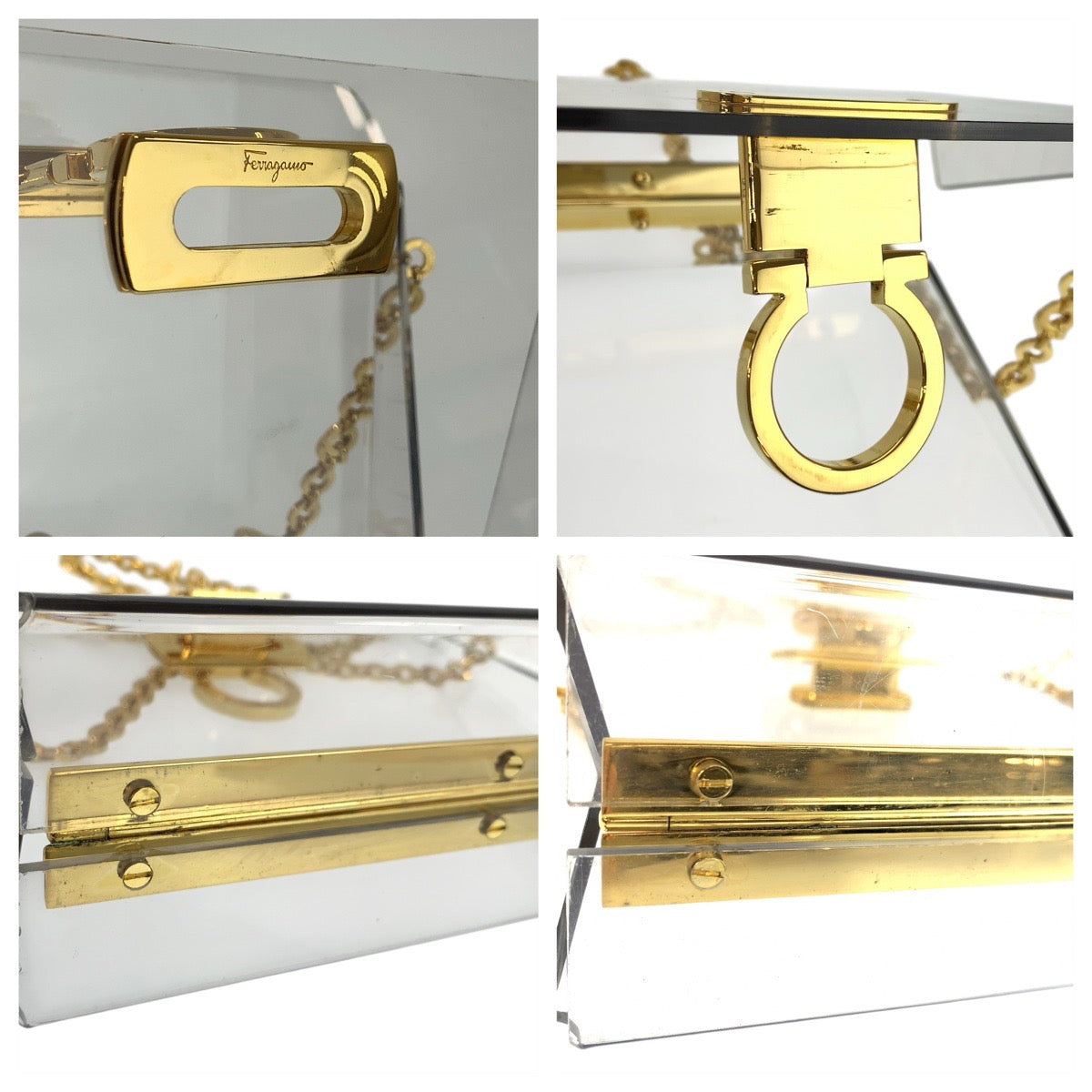 23474
Salvatore Ferragamo サルヴァトーレフェラガモ ガンチーニ クリア ゴールド金具 プラスチック チェーンショルダーバッグ レディース ABP70