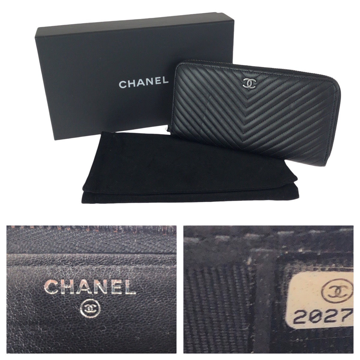 23479
CHANEL シャネル シェブロンVステッチ ココマーク ブラック 黒 ガンメタ金具 ラムスキン 長財布 ラウンドファスナー レディース A75