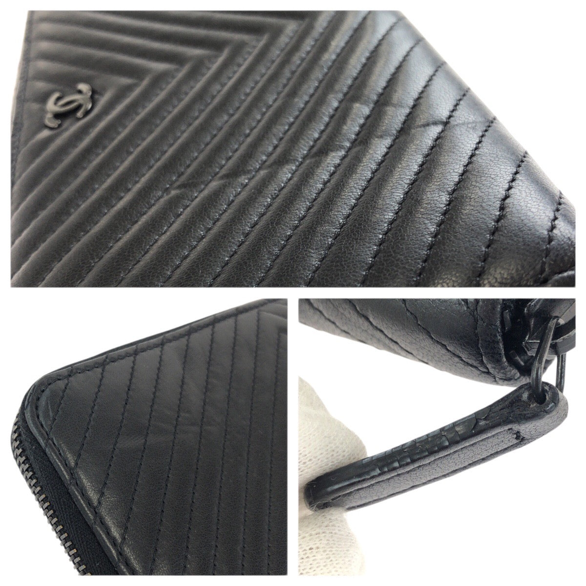 23479
CHANEL シャネル シェブロンVステッチ ココマーク ブラック 黒 ガンメタ金具 ラムスキン 長財布 ラウンドファスナー レディース A75