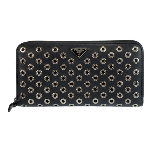 23492
PRADA プラダ パンチング 三角ロゴプレート ブラック 黒 シルバー金具 レザー 長財布 ロングウォレット メンズ AB22