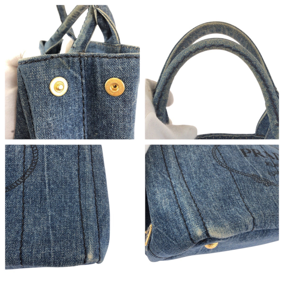 23498
PRADA プラダ カナパ 三角ロゴプレート ブルー ゴールド金具 デニム トートバッグ ハンドバッグ レディース AB42