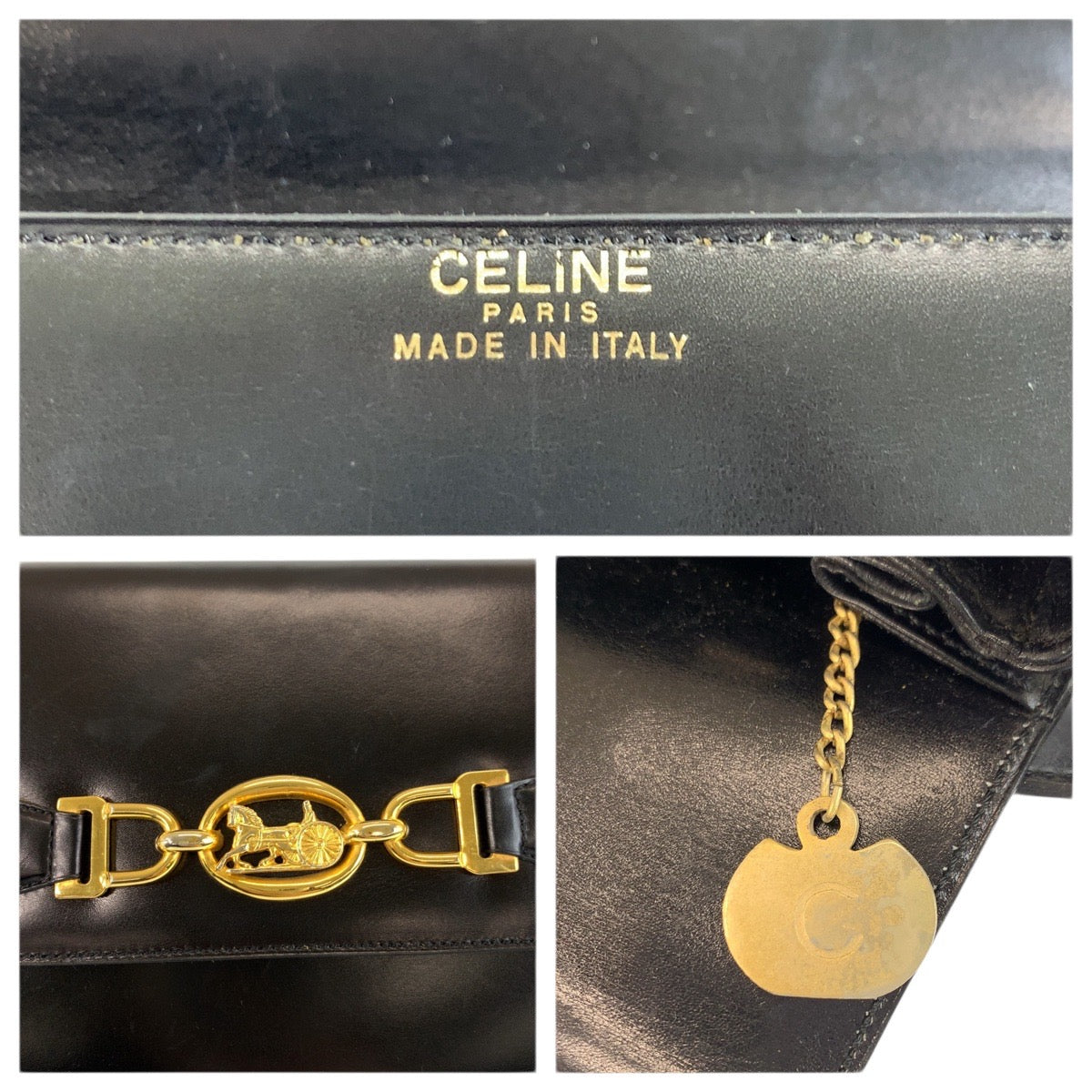 23501
CELINE セリーヌ ヴィンテージ 馬車ロゴ ホースキャリッジ ブラック 黒 ゴールド金具 レザー ショルダーバッグ レディース ABP70