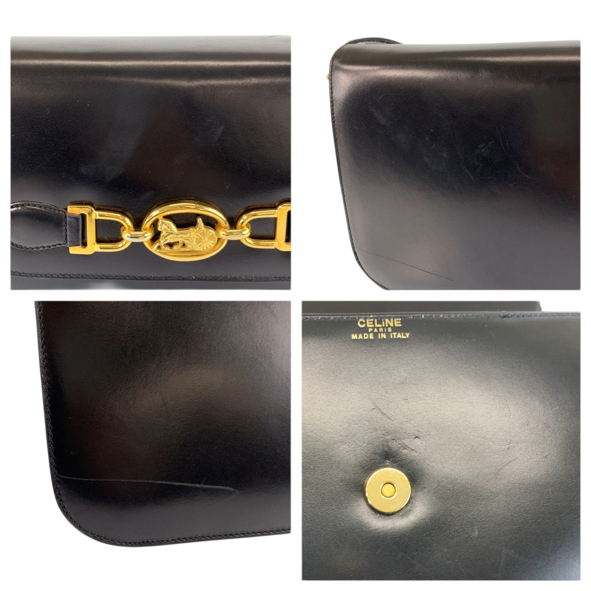 23501
CELINE セリーヌ ヴィンテージ 馬車ロゴ ホースキャリッジ ブラック 黒 ゴールド金具 レザー ショルダーバッグ レディース ABP70