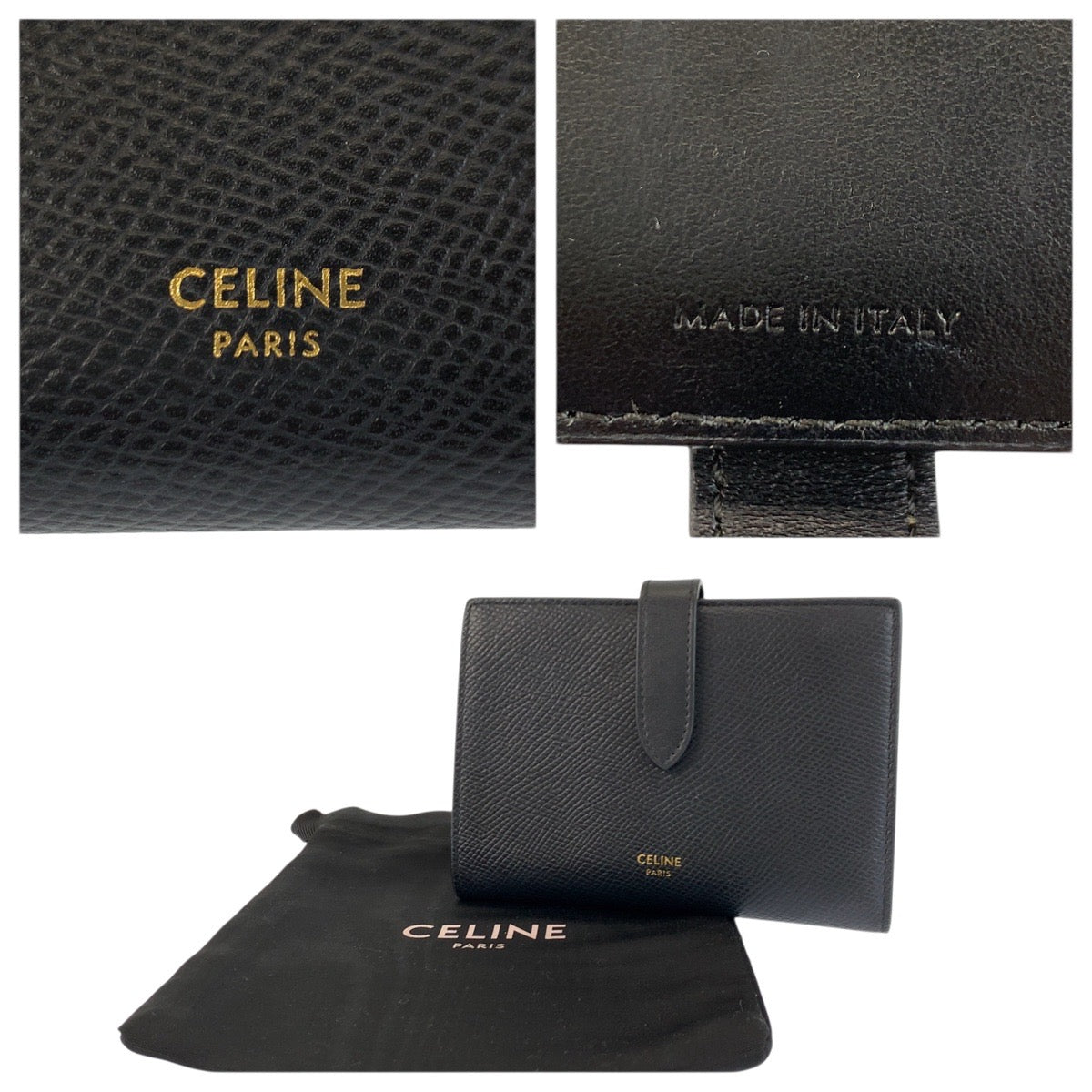 23503
CELINE セリーヌ ミディアムストラップウォレット ブラック 黒 レザー 折り財布 コンパクトウォレット レディース ABP28