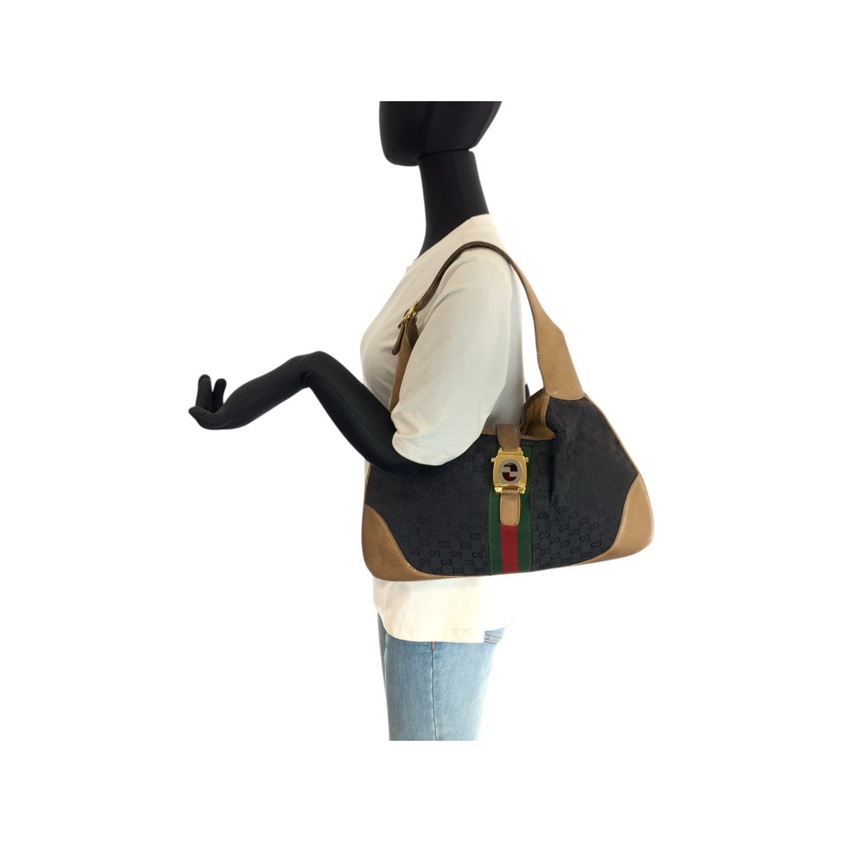 23505
GUCCI グッチ シェリーライン ブラック ブラウン ゴールド金具 GGキャンバス / レザー ショルダーバッグ ホーボー レディース AB35