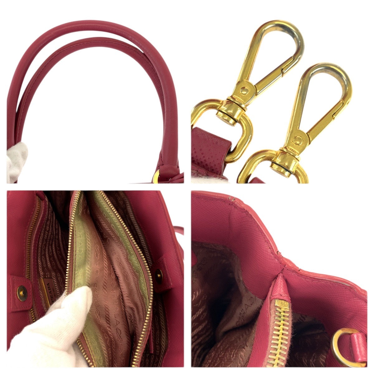 23512
PRADA プラダ サフィアーノ ガレリア 三角ロゴプレート 2way ピンク ゴールド金具 レザー ショルダーバッグ トートバッグ レディース ABP56