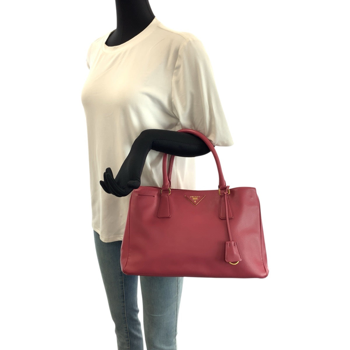 23512
PRADA プラダ サフィアーノ ガレリア 三角ロゴプレート 2way ピンク ゴールド金具 レザー ショルダーバッグ トートバッグ レディース ABP56