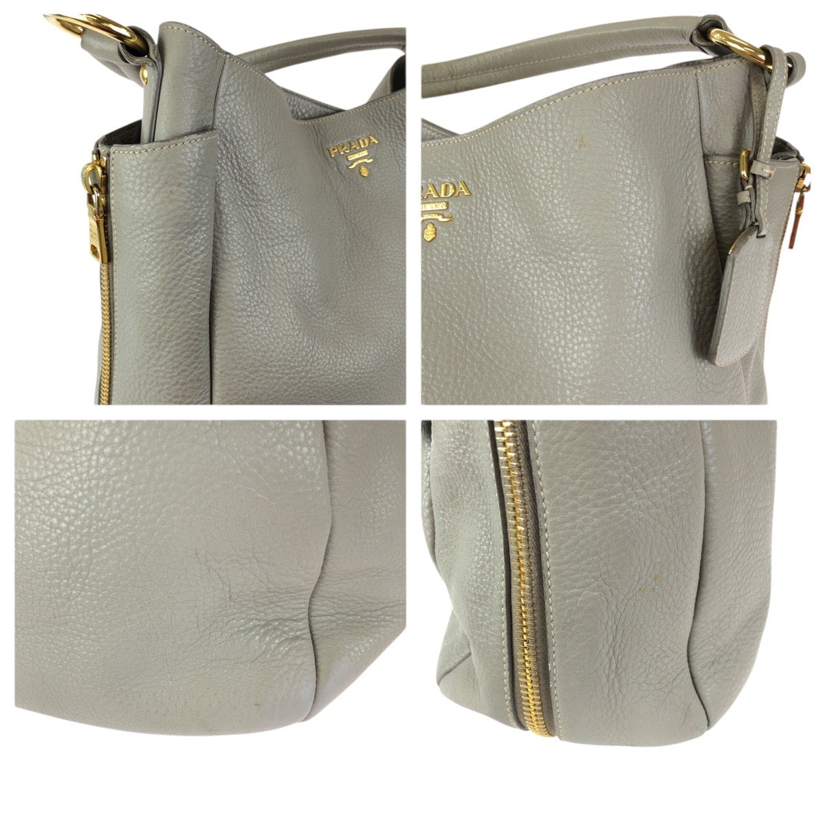 23516
PRADA プラダ ヴィッテロ ダイノ ライトグレー ゴールド金具 レザー ホーボー ショルダーバッグ ハンドバッグ レディース ABP60