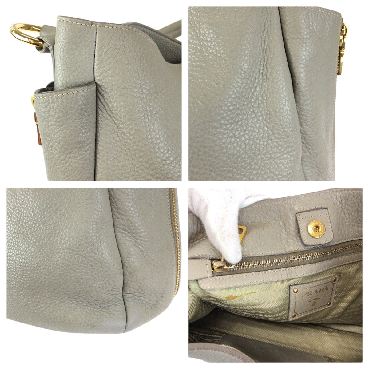 23516
PRADA プラダ ヴィッテロ ダイノ ライトグレー ゴールド金具 レザー ホーボー ショルダーバッグ ハンドバッグ レディース ABP60