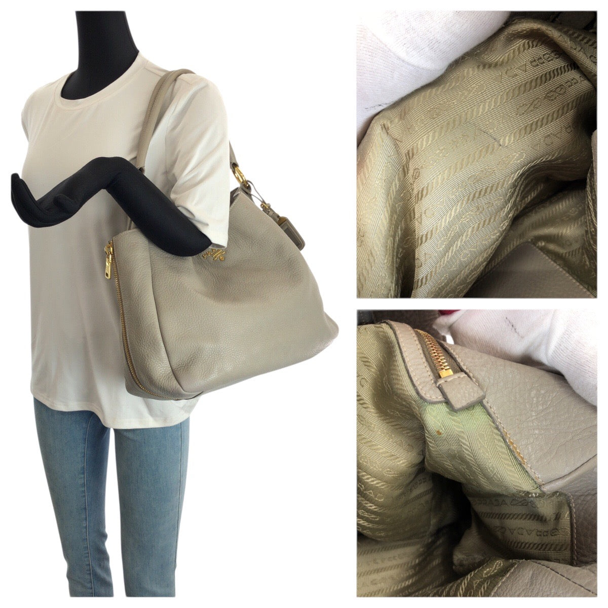 23516
PRADA プラダ ヴィッテロ ダイノ ライトグレー ゴールド金具 レザー ホーボー ショルダーバッグ ハンドバッグ レディース ABP60