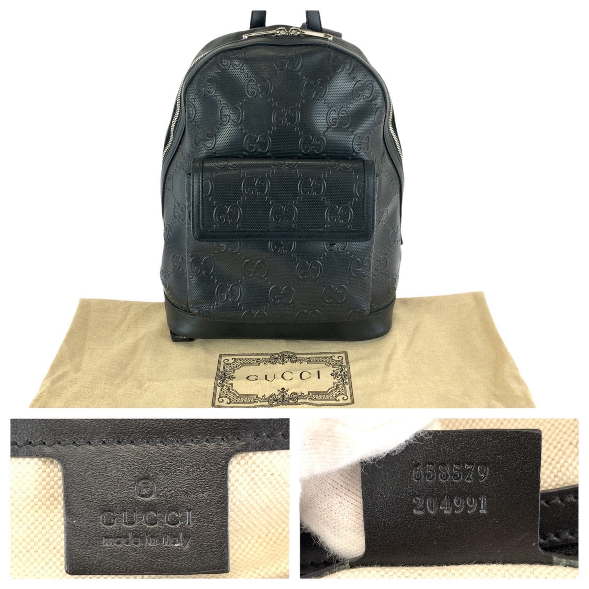 23520
GUCCI グッチ GGエンボス ブラック 黒 シルバー金具 レザー 658579 リュックサック バックパック メンズ AB