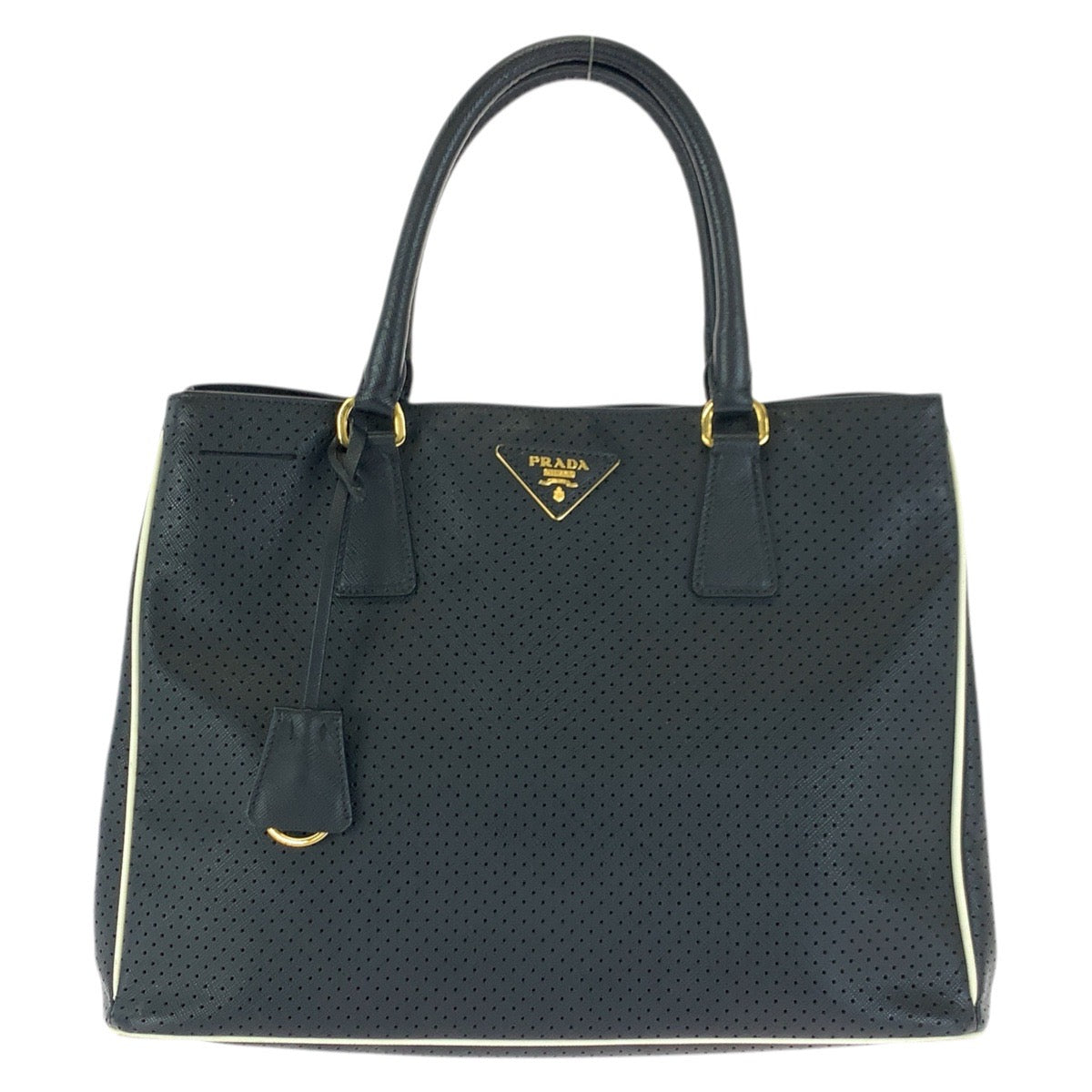 23521
PRADA プラダ サフィアーノ パンチング 三角ロゴプレート ブラック 黒 ゴールド金具 レザー トートバッグ ハンドバッグ レディース AB56