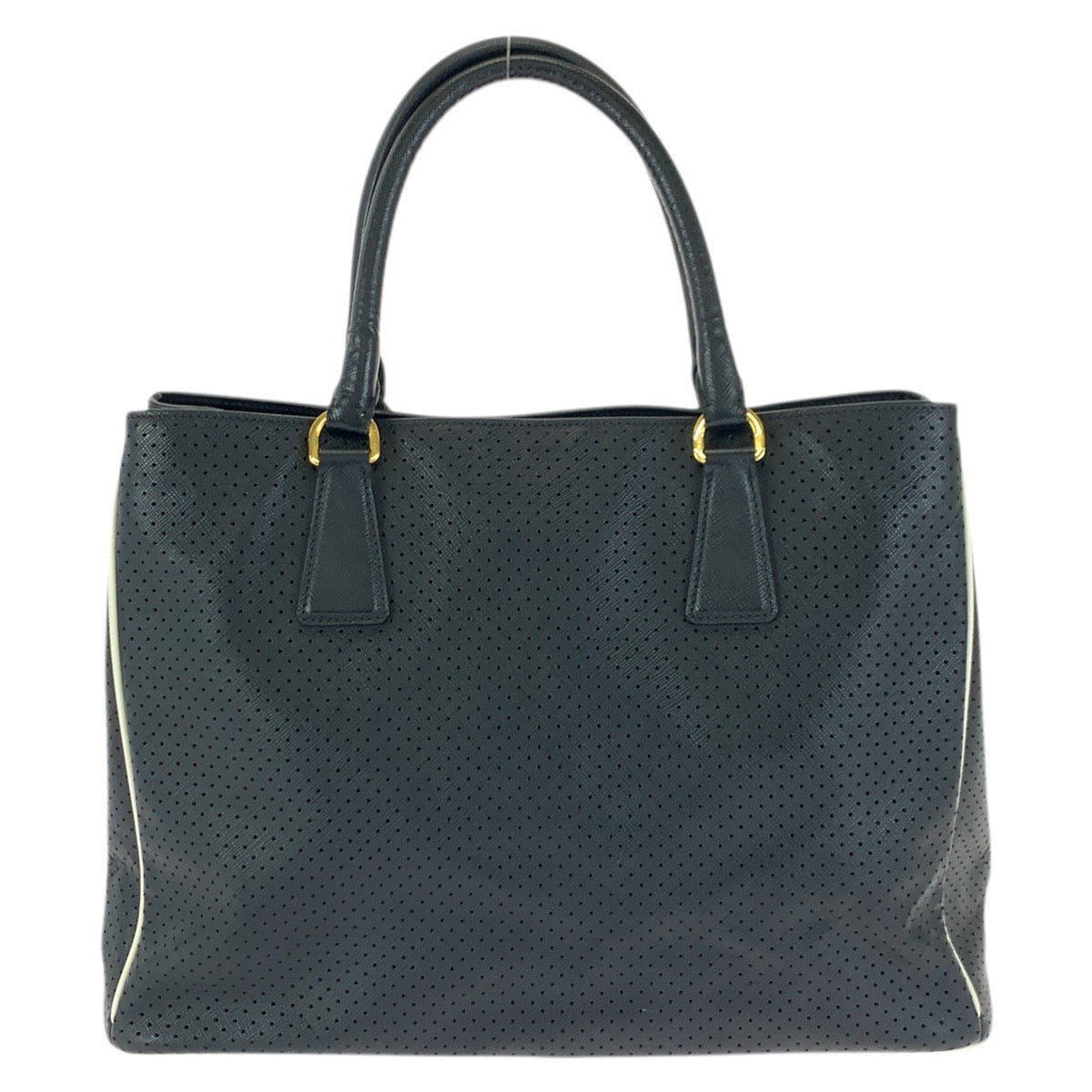 23521
PRADA プラダ サフィアーノ パンチング 三角ロゴプレート ブラック 黒 ゴールド金具 レザー トートバッグ ハンドバッグ レディース AB56