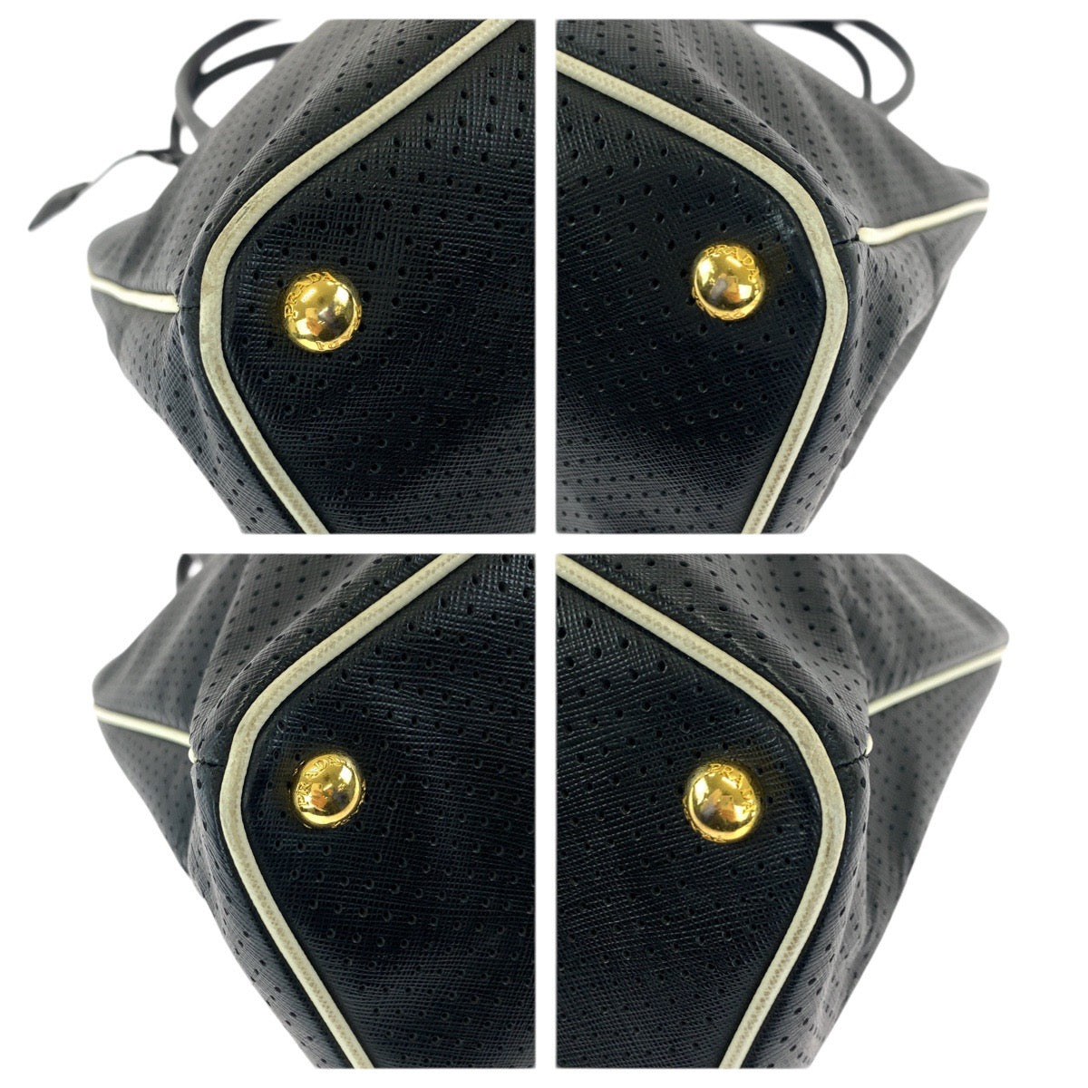 23521
PRADA プラダ サフィアーノ パンチング 三角ロゴプレート ブラック 黒 ゴールド金具 レザー トートバッグ ハンドバッグ レディース AB56