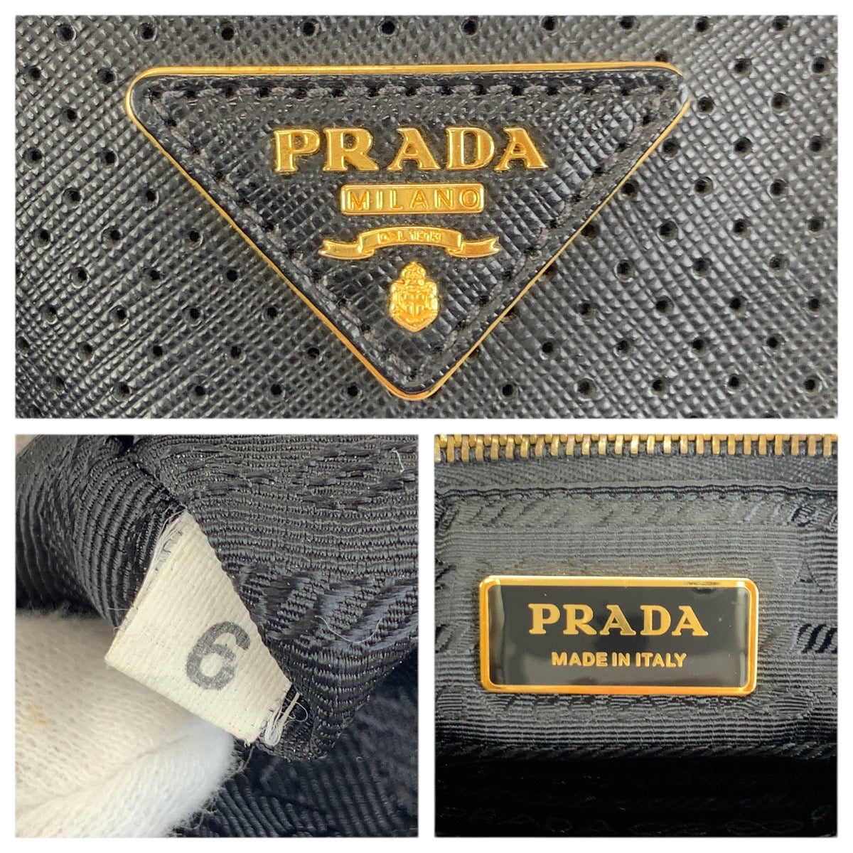 23521
PRADA プラダ サフィアーノ パンチング 三角ロゴプレート ブラック 黒 ゴールド金具 レザー トートバッグ ハンドバッグ レディース AB56
