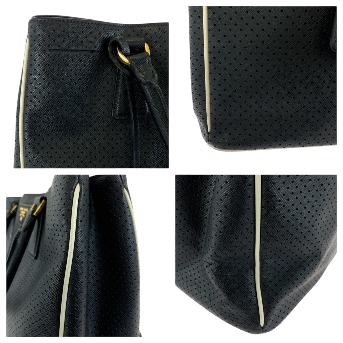 23521
PRADA プラダ サフィアーノ パンチング 三角ロゴプレート ブラック 黒 ゴールド金具 レザー トートバッグ ハンドバッグ レディース AB56