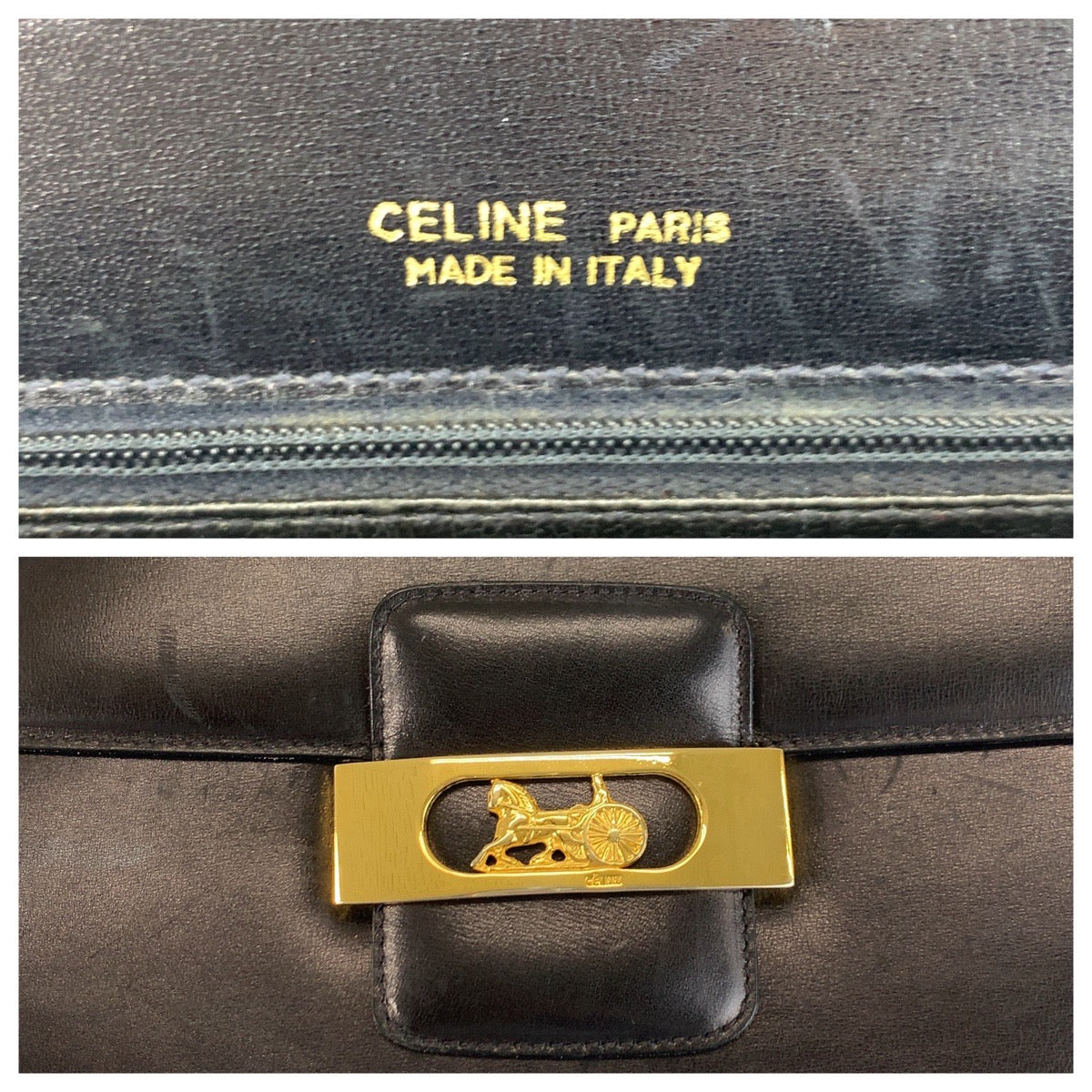 23524
CELINE セリーヌ ヴィンテージ 馬車金具 ブラック 黒 ゴールド金具 レザー ショルダーバッグ レディース ABP70