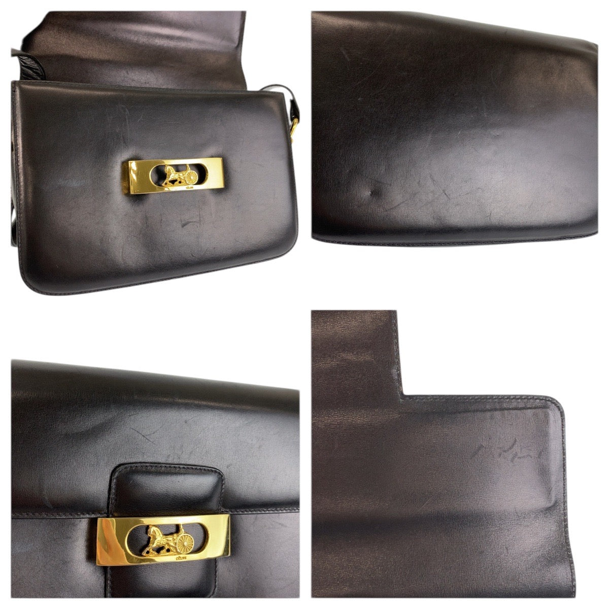 23524
CELINE セリーヌ ヴィンテージ 馬車金具 ブラック 黒 ゴールド金具 レザー ショルダーバッグ レディース ABP70